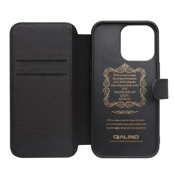QIALINO iPhone 13 Plånboksfodral Äkta Läder Cowhide - Svart