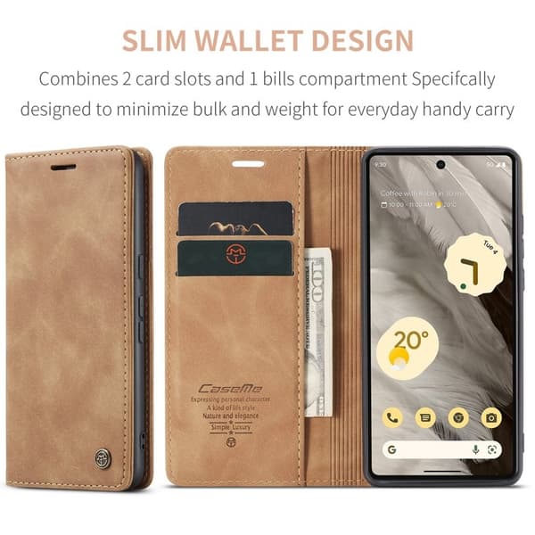 CASEME 013 Series Mobilskal till Google Pixel 7a Kortfack Ställ Konstläder Brun