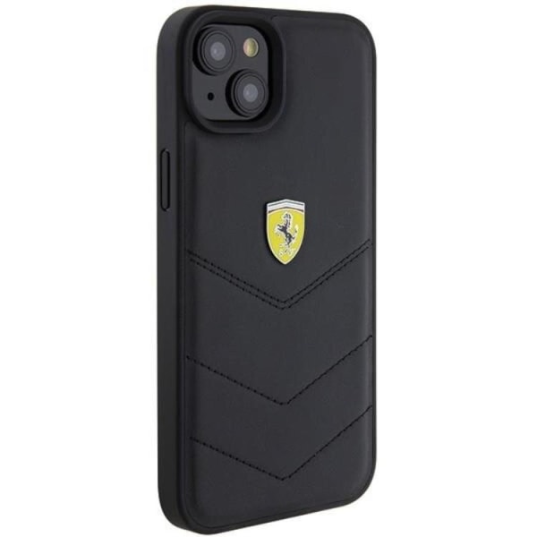 Ferrari iPhone 15 Plus -puhelinkuori, jossa tikkaus ja metallinen logo - Musta