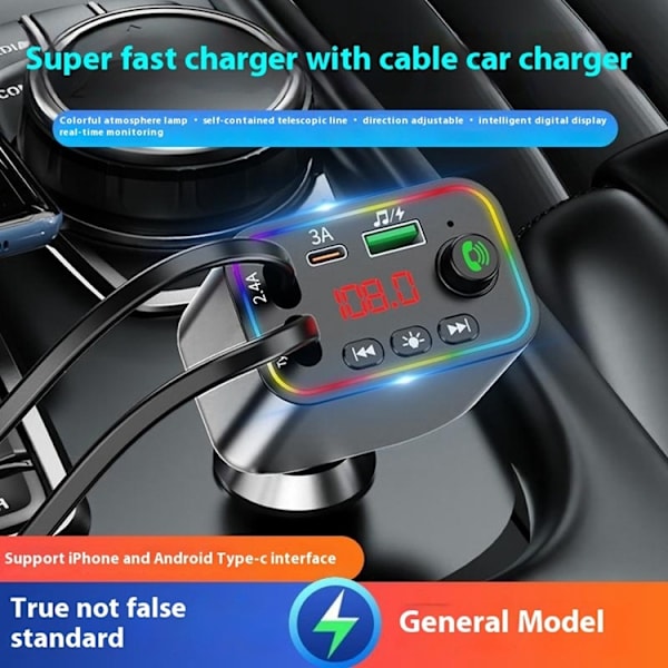 Billaddare med Infällbart USB-C/Lightning Kabel FM Transmitter Svart