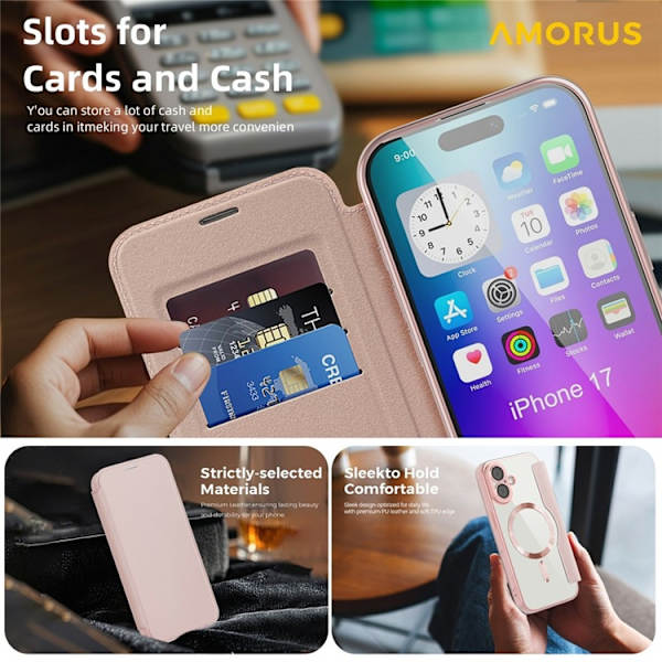 AMORUS iPhone 17 Plånboksfodral MagSafe RFID-Skydd - Rosa Rosa
