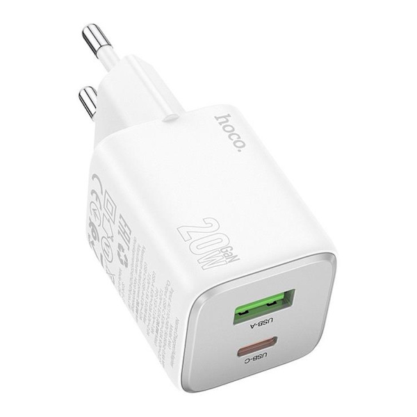 Hoco Vægoplader 1xUSB-C 1xUSB-A 20W N41 - Hvid Vit