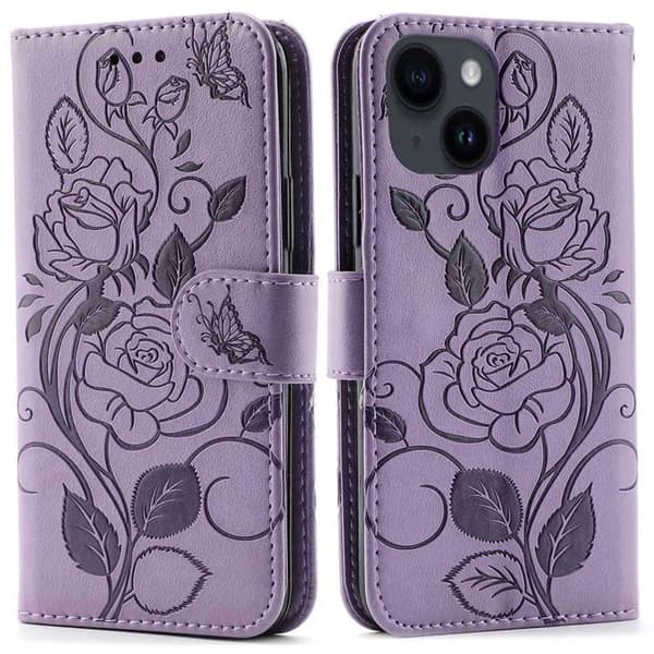 iPhone 14 Plus Plånboksfodral Imprinted Roses - Lila Lila