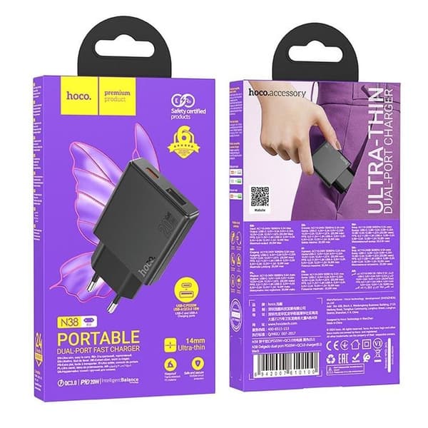 Hoco Snabbladdare PD 20W USB-A USB-C QC3.0 3A N38 - Svart
