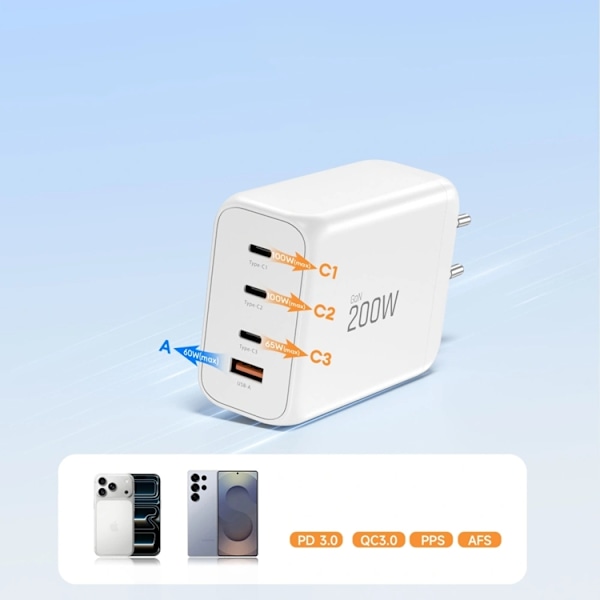 Tech-Protect 4-ports hurtigoplader 200W QC3.0 NC200W-GAN Vit