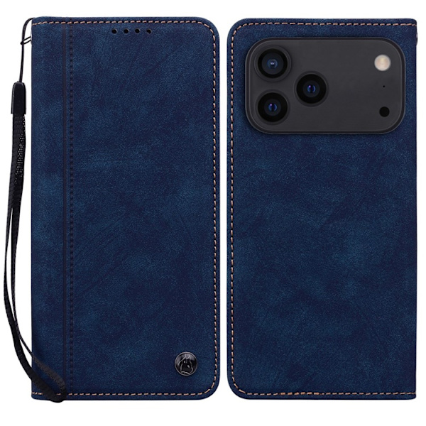 iPhone 17 Pro Konstläder Plånboksfodral med Rem Lines Pattern - Blå Blå