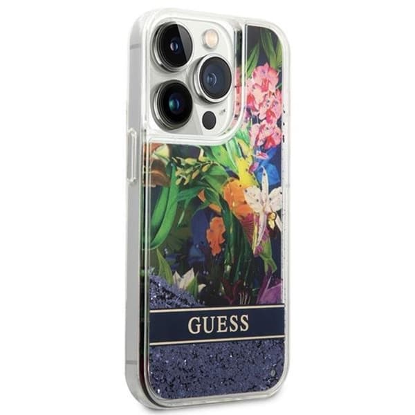 GUESS iPhone 14 Pro Cover Flower Liquid Glitter - Blå Blå