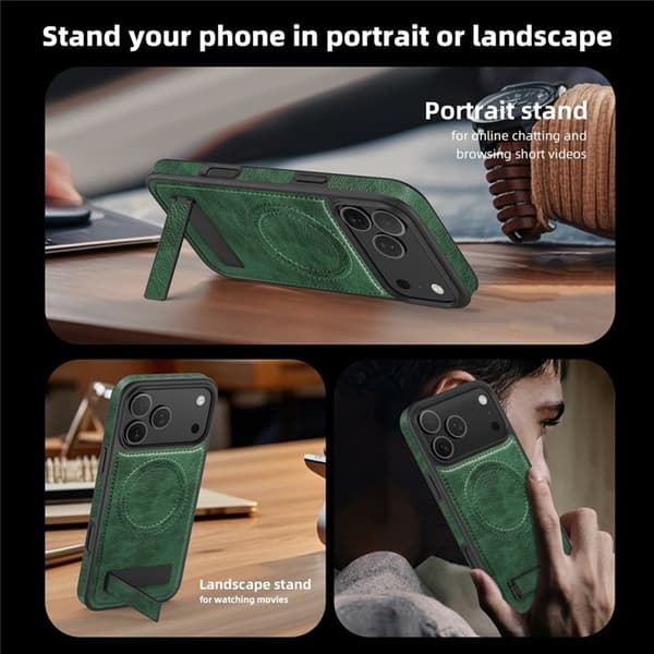 Mobilskal till iPhone 17 Pro MagSafe Kickstand Läder - Grön Grön