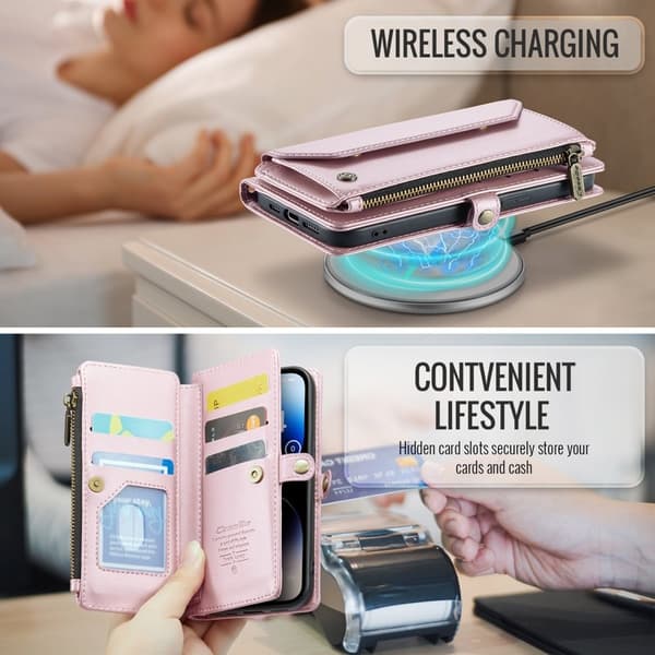 CASEME Plånboksfodral Konstläder för iPhone 14 Pro med kortfack - Rosa