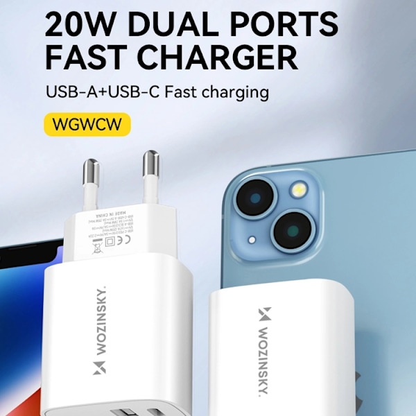 Wozinsky WGWCW USB-A USB-C 20W Väggladdare - Vit