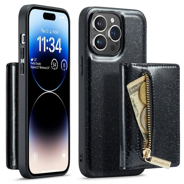 DG.MING M3 iPhone 15 Pro Kickstand Plånboksfodral Glitter Konstläder Svart