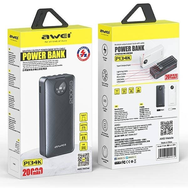 Awei Powerbank 20000mAh Med Micro-USB/USB-C/Lightning Kabel - Svart Black