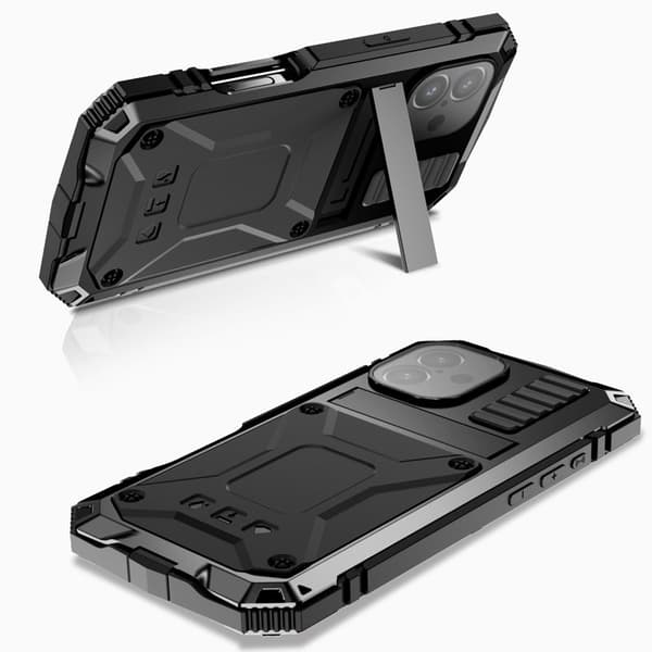 R-JUST Mobilskal till iPhone 16 PC+Silicone+Metal Ställ Svart