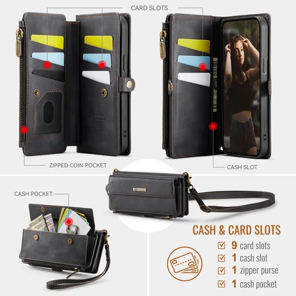 Caseme iPhone 16e Konstläder Plånboksfodral RFID-Skydd Zipper - Svart Svart