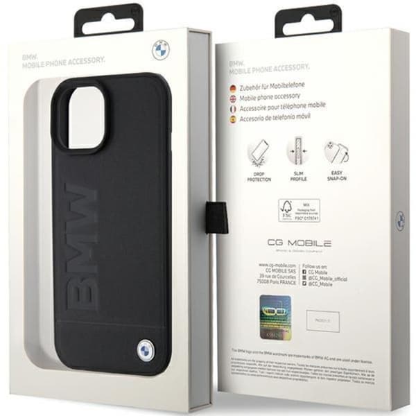 BMW iPhone 15 Mobilskal Läder Hot Stamp - Musta Black