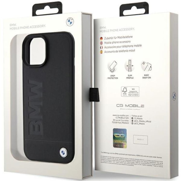BMW iPhone 15 Mobilskal Læder Hot Stamp - Sort Black