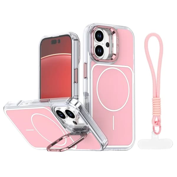 Mobilskal till iPhone 16 Plus MagSafe Lens Kickstand med Handrem - Rosa Rosa