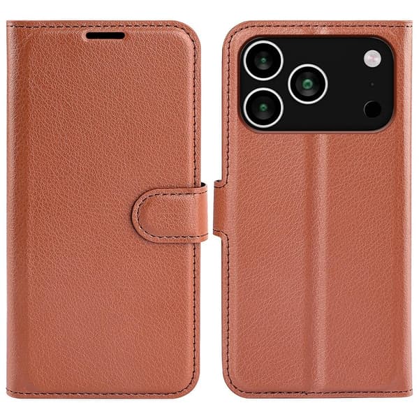 AMORUS iPhone 17 Pro Konstläder Plånboksfodral Flipstativ Litchi - Brun Brun