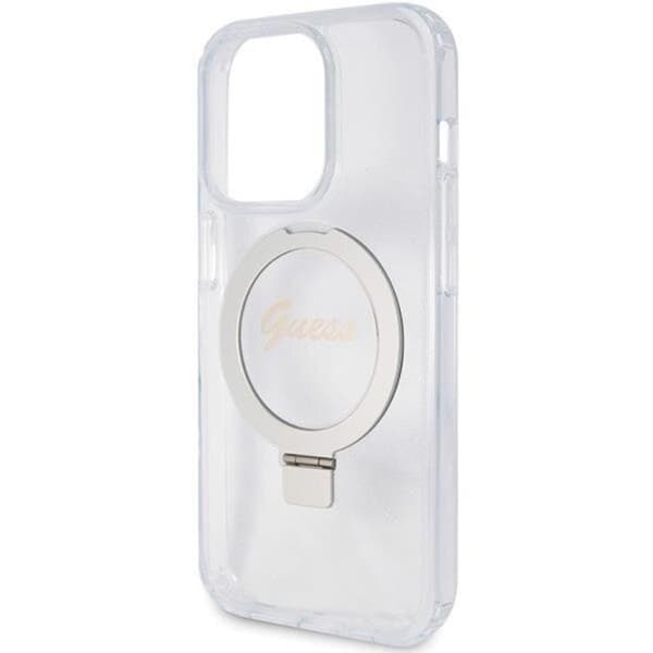 Guess telefontaske til iPhone 15 Pro Magsafe Ringstativ Script Glitter Transparent