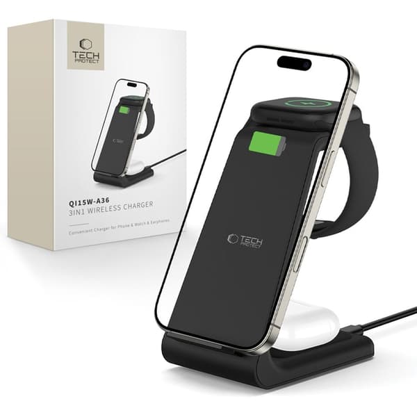 Tech-Protect 3-i-1 trådløs oplader til iPhone Apple Watch AirPods - Sort Svart