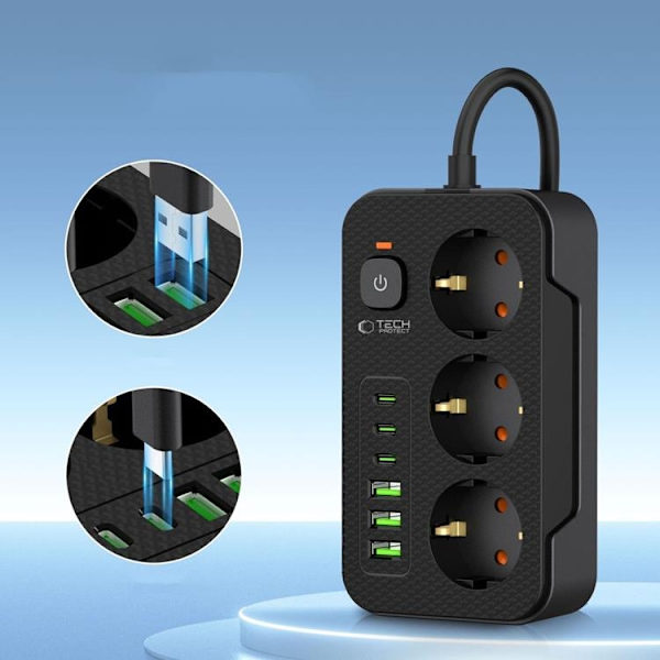 Tech-Protect Strømfordelingsstik 3x USB/3x USB-C/3 Stik 200Ccm - Sort Svart