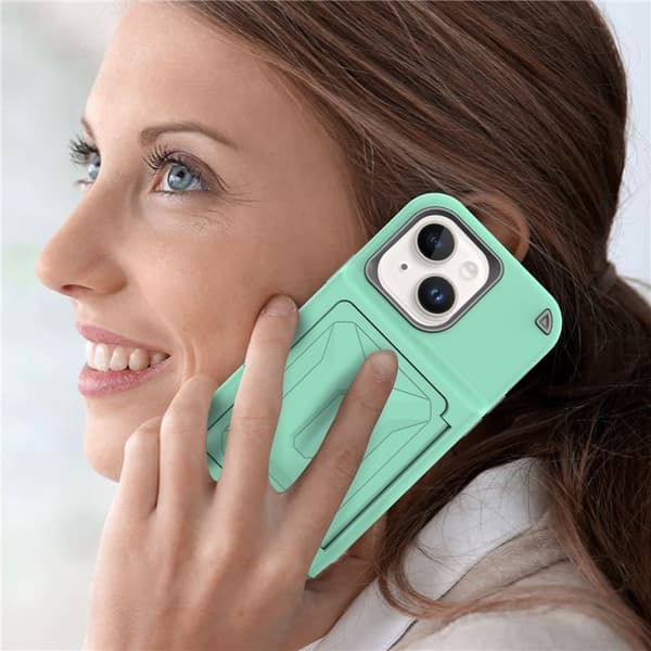 iPhone 14 Plus Skal Korthållare Mirror Kickstand - Grön