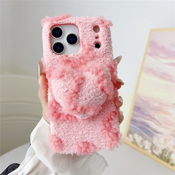 Mobilskal till iPhone 17 Pro Max 3D Heart Plush TPU Winter Warm - Rosa Rosa