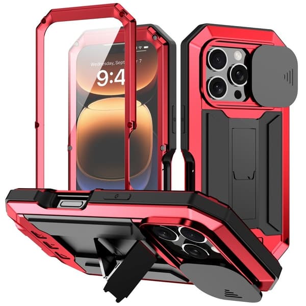 R-JUST Mobilskal till iPhone 16 Pro Kickstand Silicone+Metal+PC Röd