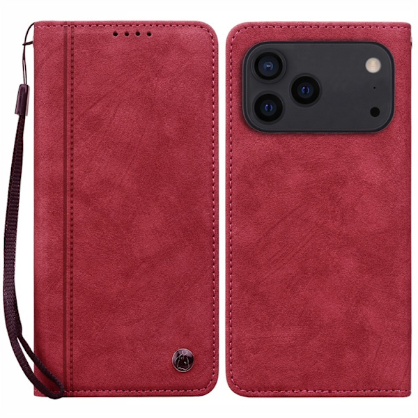 iPhone 17 Pro Max Konstläder Plånboksfodral med Rem Lines Pattern - Röd Röd