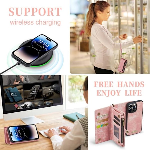 CASEME iPhone 14 Pro Plånboksfodral Äkta Läder Detachable - Rosa