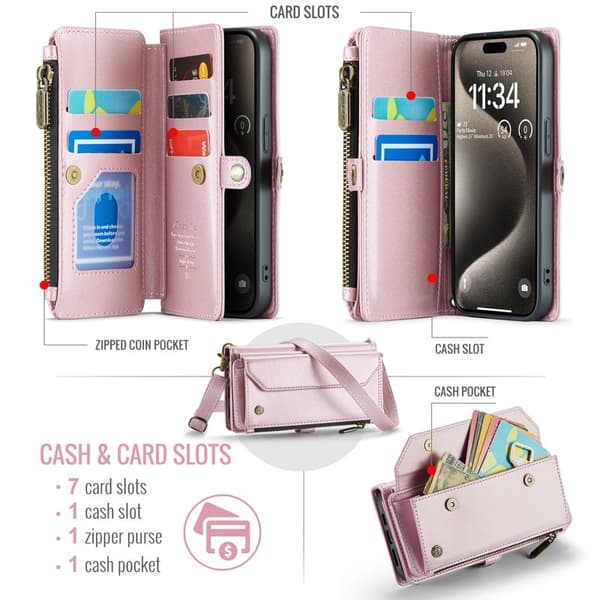 CASEME Plånboksfodral Konstläder till iPhone 15 Pro med kortfack - Rosa