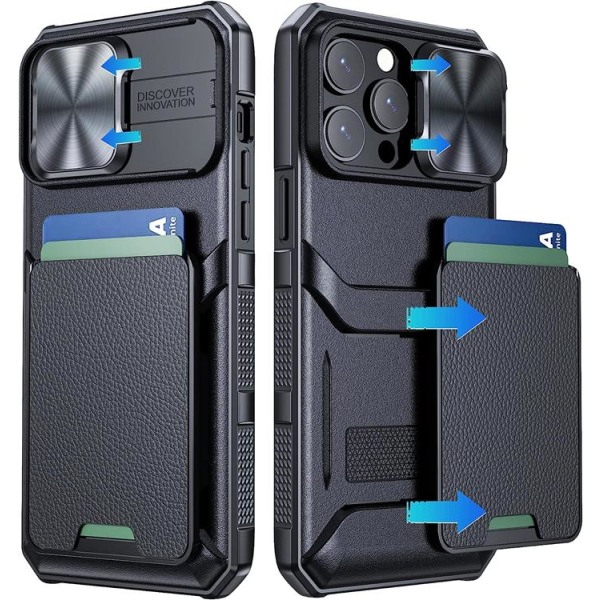 iPhone 14 Plus Mobil Cover Kortholder Kamera Slider - Sort