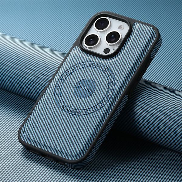 DENIOR Mobilskal till iPhone 16 Pro Max Äkta Läder Kolfiber Blå