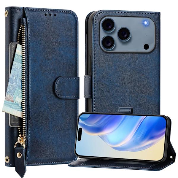 iPhone 17 Pro Max Plånboksfodral Zipper Pocket Läder - Blå Blå