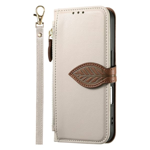 iPhone 17 Plånboksfodral Leaf Magnetiskt Spänne Konstläder - Beige Beige