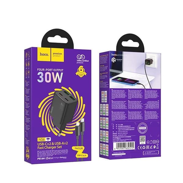 Hoco Hurtigoplader PD 30W 2xUSB-A 2xUSB-C QC3.0 3A med lynkabel N56 Svart