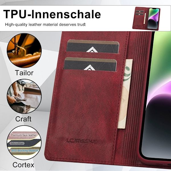 LC.IMEEKE iPhone 15 Plus Plånboksfodral - RFID Blocking Konstläder - Röd