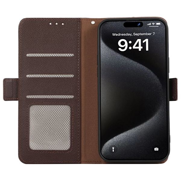 ABEEL iPhone 15 Pro Plånboksfodral RFID-Skydd Litchi Konstläder - Brun