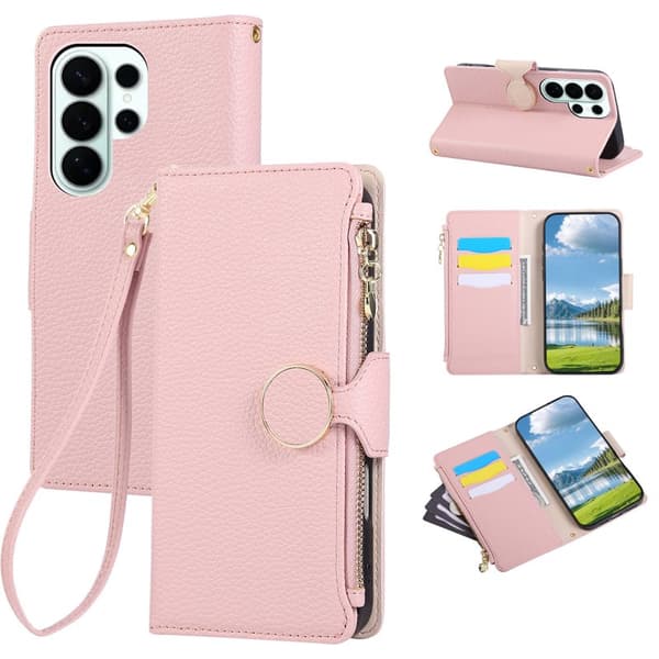 Plånboksfodral för Samsung Galaxy S26 Ultra Konstläder med rem - Rosa