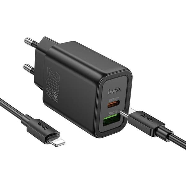 HOCO Väggladdare USB/USB-C 20W USB-C/USB-C Kabel N61 PD QC Svart