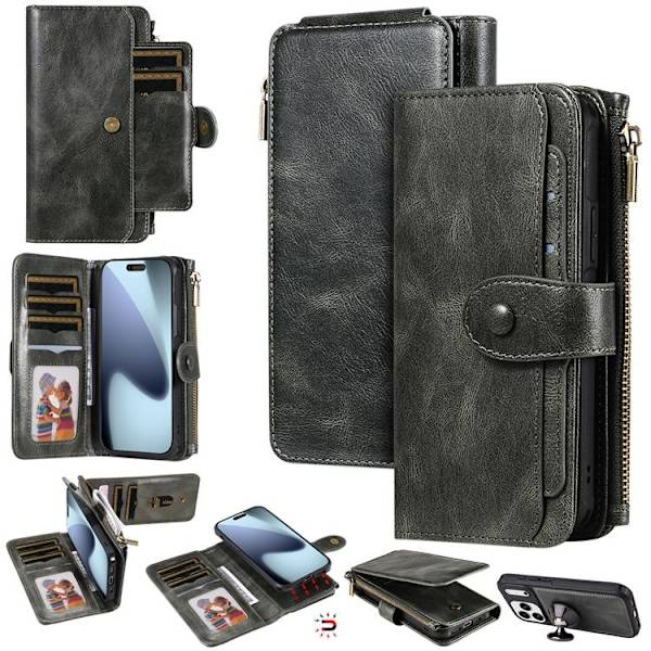 iPhone 17 Pro Max Konstläder Plånboksfodral Detachable Zipper - Grön Grön