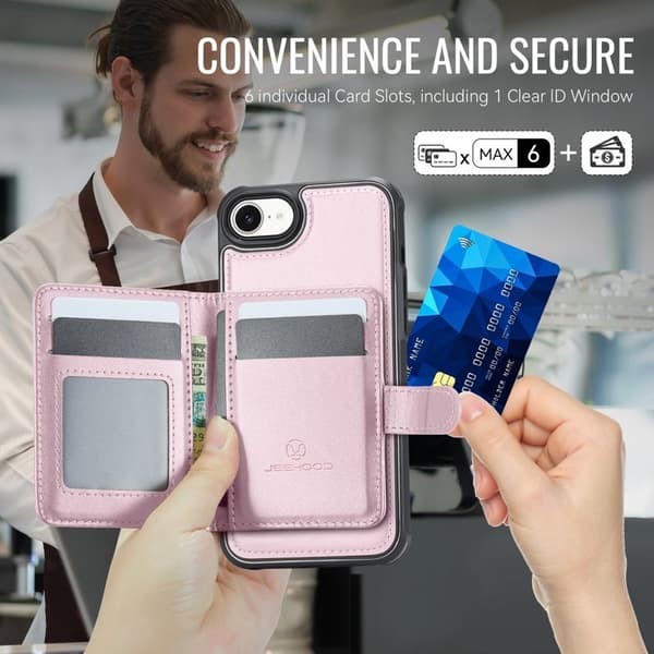 JEEHOOD J09 Mobilskal till iPhone 16e RFID Skydd Läder MagSafe - Rosa