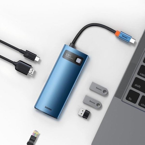 Baseus Metal Gleam 6in1 Multifunktionel USB-C HUB - Blå Blue