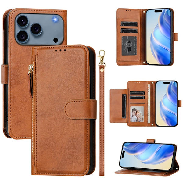 iPhone 17 Pro Max Plånboksfodral Zipper Pocket Läder - Brun Brun