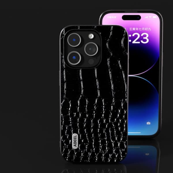 ABEEL Mobilskal till iPhone 15 Pro Krokodiltextur Äkta Läder Svart