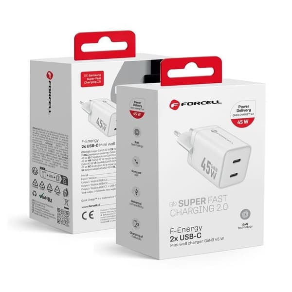 Forcell GaN III Snabbladdare 45W 2x USB-C PD QC Mini - Vit