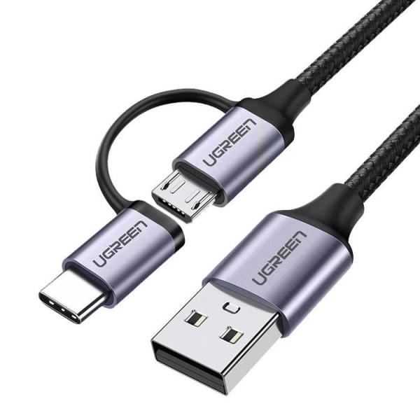 Ugrøn 2in1 USB-A til microUSB, USB-C kabel 1m - Sort