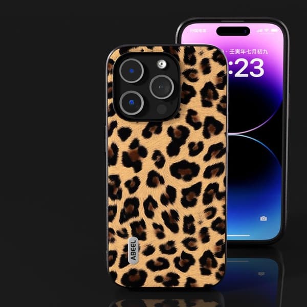 ABEEL Mobilskal till iPhone 14 Pro Max Leopard Textur PU Läder Champagne Guld