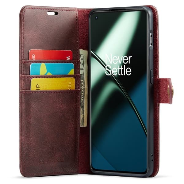 DG.MING OnePlus 11 5G Äkta Läder Plånboksfodral Detachable Magnet Röd