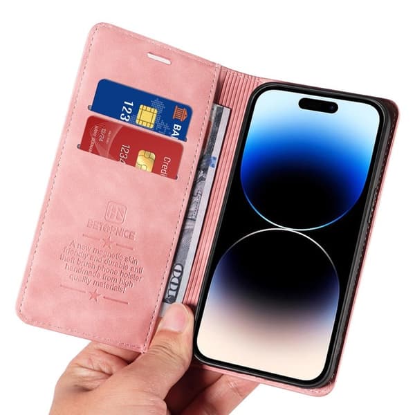 BETOPNICE 003 iPhone 15 Pro Max Plånboksfodral TPU + Konstläder - Rosa